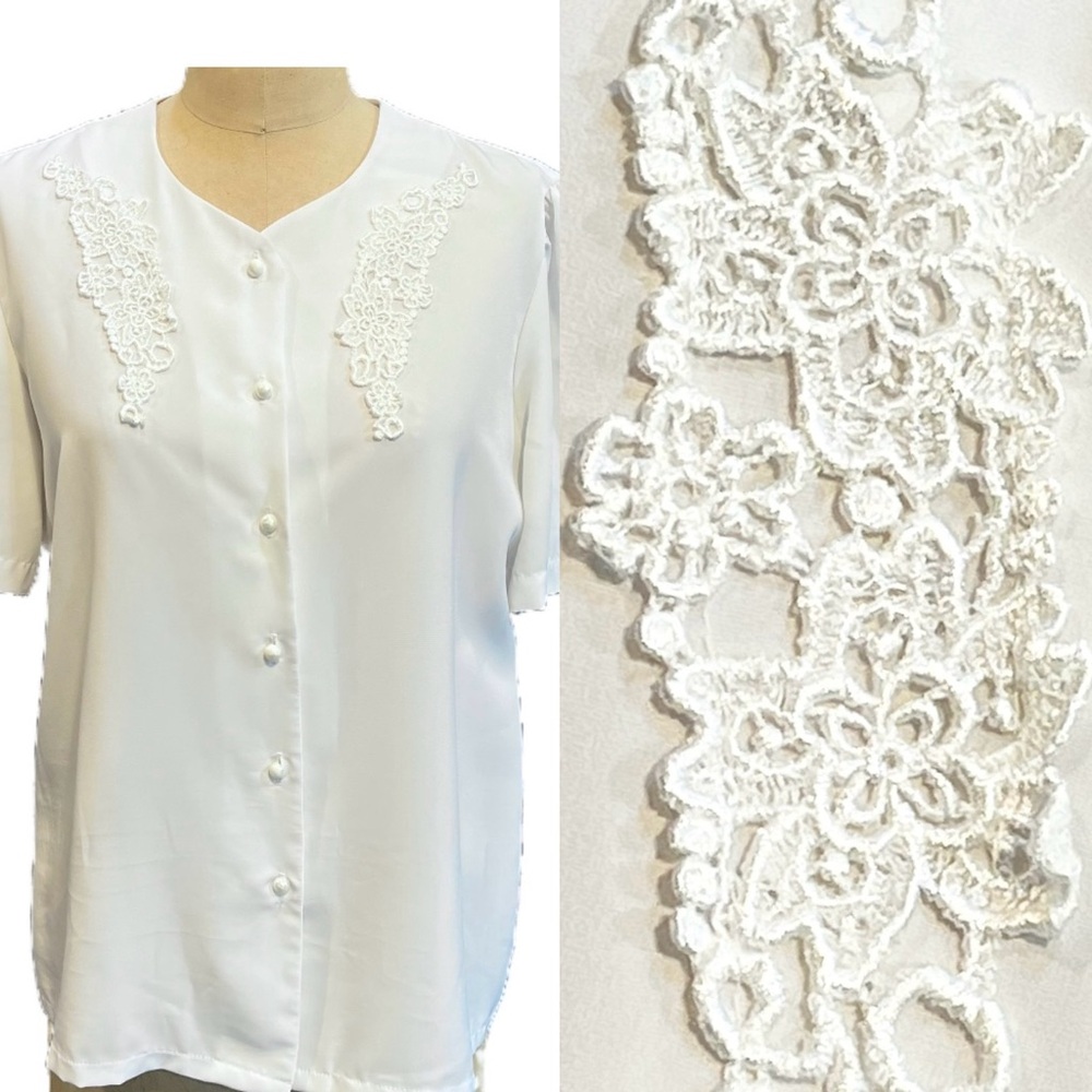 VINTAGE white embroidered lace floral button front fancy blouse short sleeve 80s